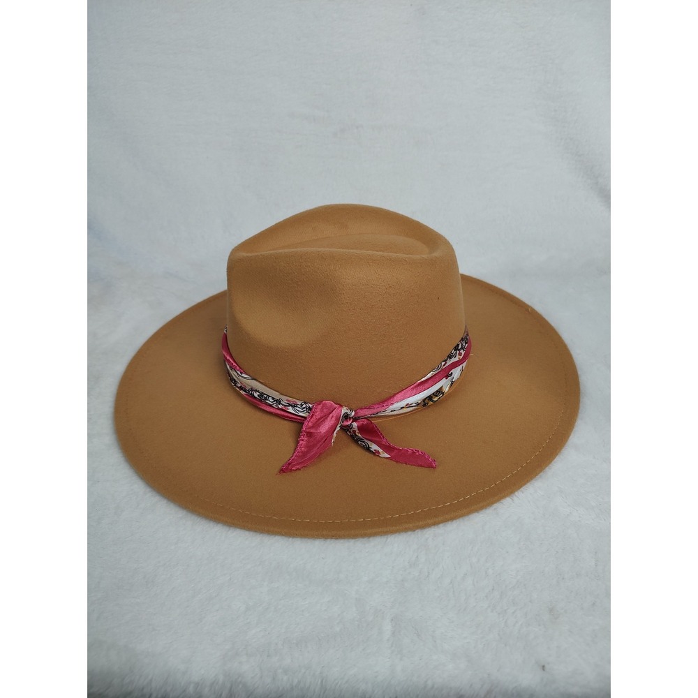Womens Camel Tan Wide Brim Fedora Hat Pink Paisley Scarf Band Adjustable New